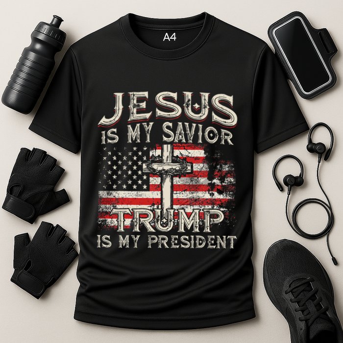 Jesus Is My Savior Trump Is My President American Flag Cooling Performance Crew T-Shirt