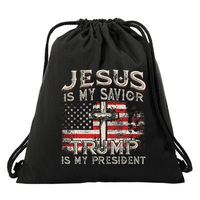 Jesus Is My Savior Trump Is My President American Flag Drawstring Bag