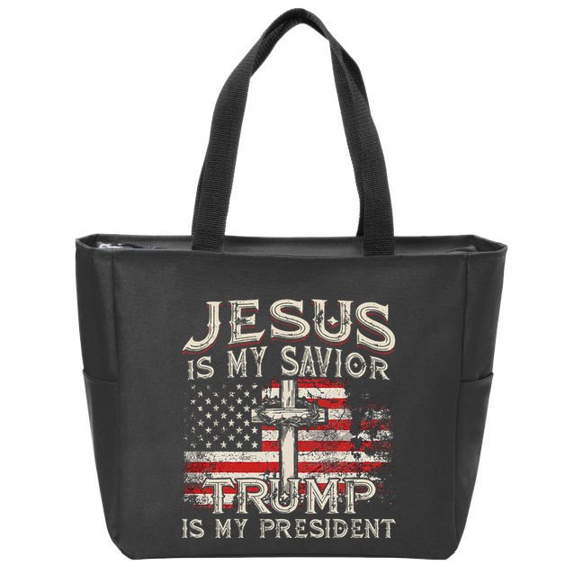 Jesus Is My Savior Trump Is My President American Flag Zip Tote Bag