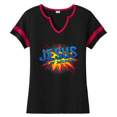 Jesus Is My Superhero Cute Powerful Christian Gift Comic Ladies Halftime Notch Neck Tee