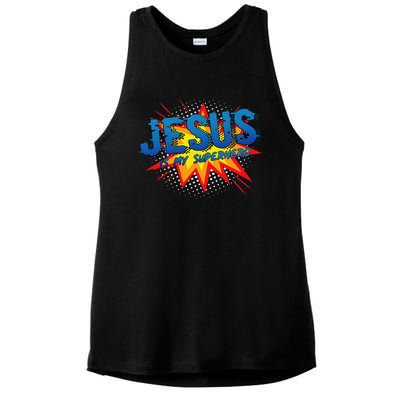 Jesus Is My Superhero Cute Powerful Christian Gift Comic Ladies PosiCharge Tri-Blend Wicking Tank