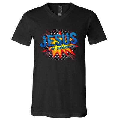 Jesus Is My Superhero Cute Powerful Christian Gift Comic V-Neck T-Shirt