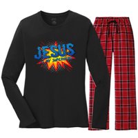 Jesus Is My Superhero Cute Powerful Christian Gift Comic Women's Long Sleeve Flannel Pajama Set 