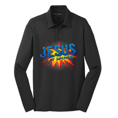 Jesus Is My Superhero Cute Powerful Christian Gift Comic Silk Touch Performance Long Sleeve Polo