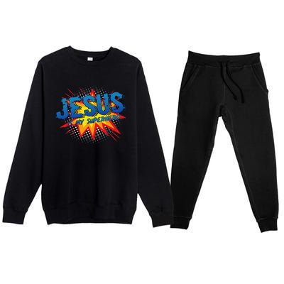 Jesus Is My Superhero Cute Powerful Christian Gift Comic Premium Crewneck Sweatsuit Set