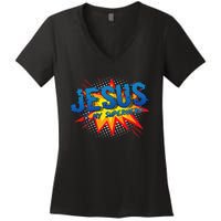 Jesus Is My Superhero Cute Powerful Christian Gift Comic Women's V-Neck T-Shirt