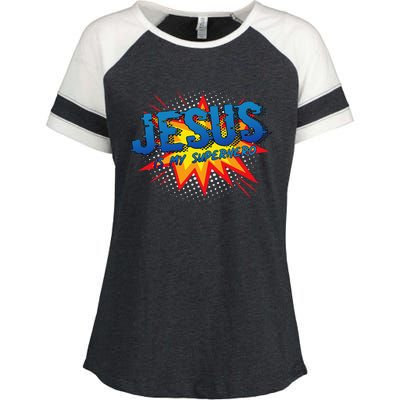 Jesus Is My Superhero Cute Powerful Christian Gift Comic Enza Ladies Jersey Colorblock Tee