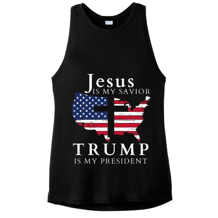 Jesus Is My Savior Trump Is My President Usa Flag And Cross Ladies PosiCharge Tri-Blend Wicking Tank