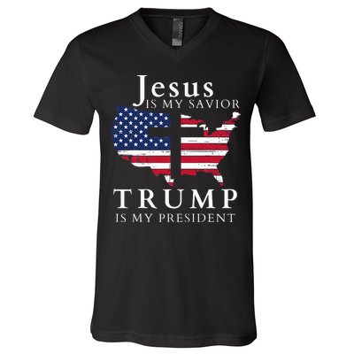 Jesus Is My Savior Trump Is My President Usa Flag And Cross V-Neck T-Shirt