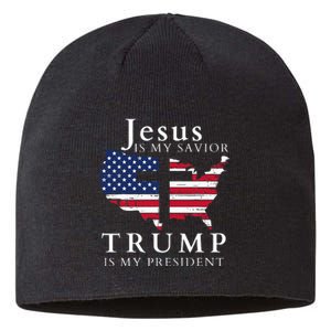 Jesus Is My Savior Trump Is My President Usa Flag And Cross Sustainable Beanie