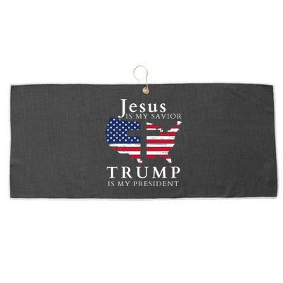 Jesus Is My Savior Trump Is My President Usa Flag And Cross Large Microfiber Waffle Golf Towel