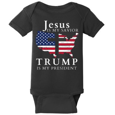Jesus Is My Savior Trump Is My President Usa Flag And Cross Baby Bodysuit