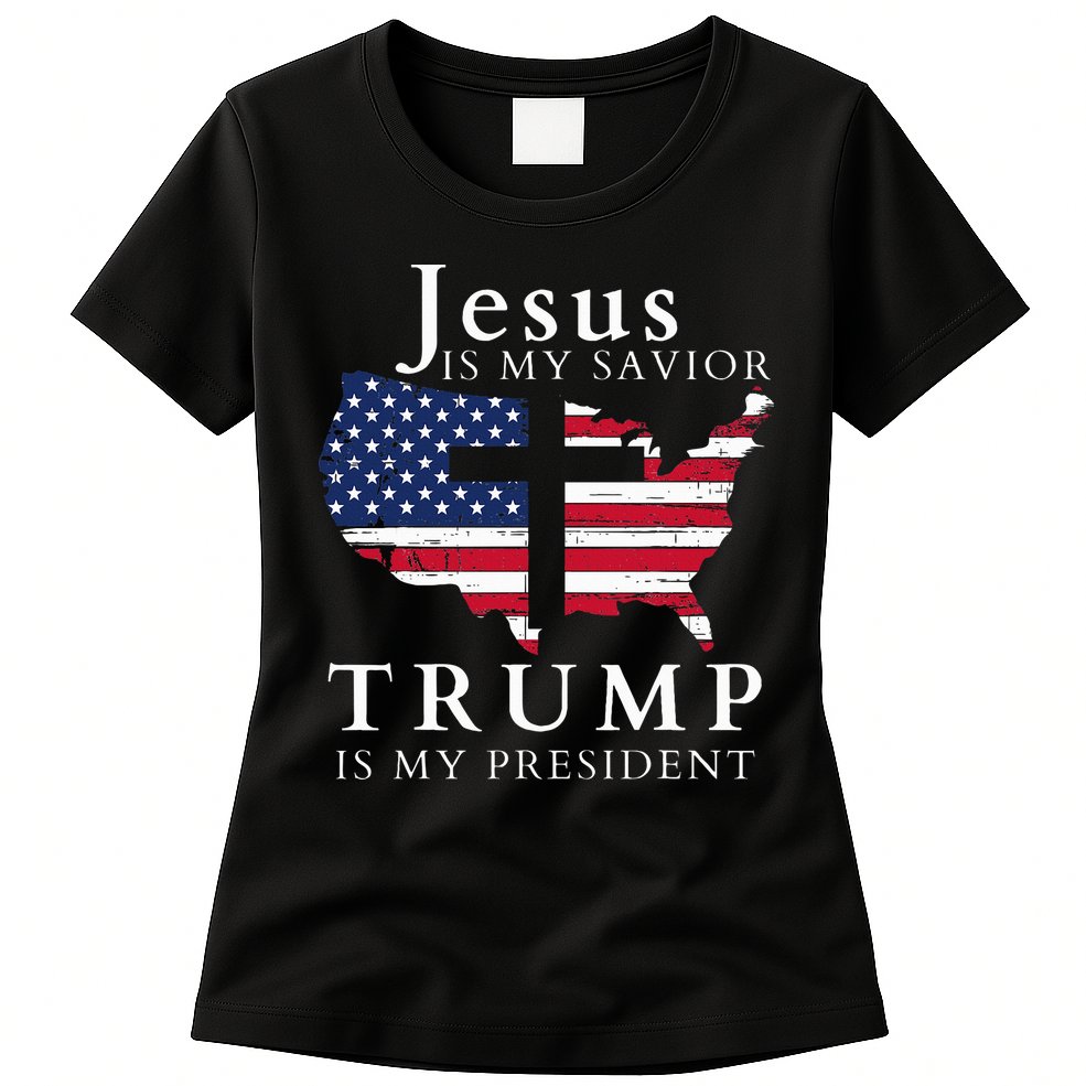 Jesus Is My Savior Trump Is My President Usa Flag And Cross Womens T-Shirt