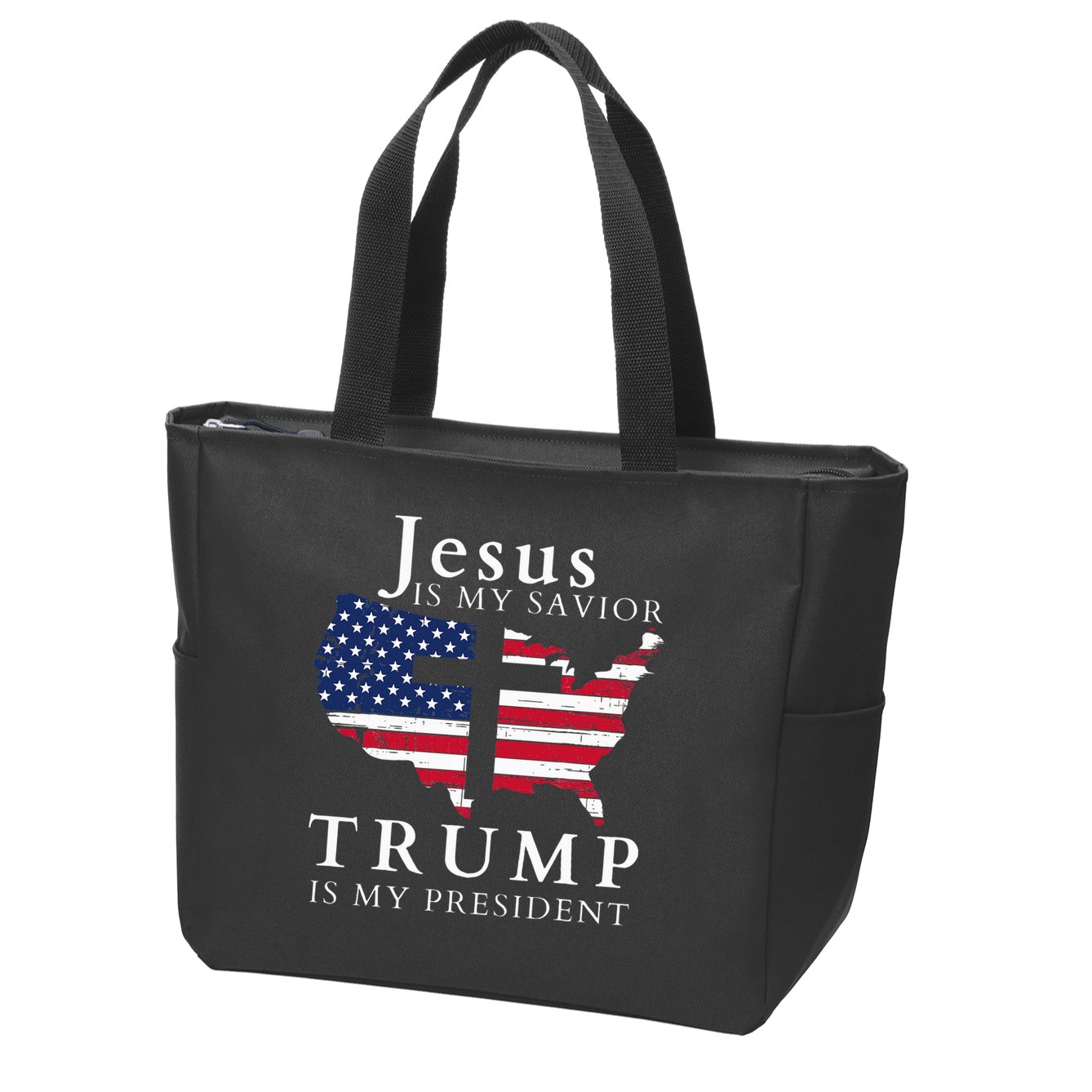 Jesus Is My Savior Trump Is My President Usa Flag And Cross Zip Tote Bag