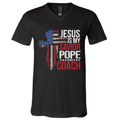 Jesus Is My Savior Pope Is My Coach Religious Quote Saying V-Neck T-Shirt
