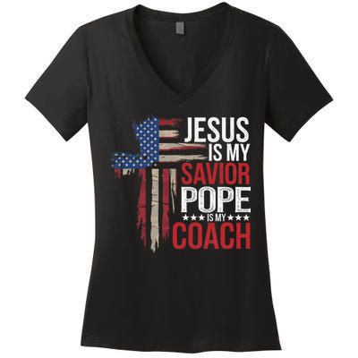 Jesus Is My Savior Pope Is My Coach Religious Quote Saying Women's V-Neck T-Shirt