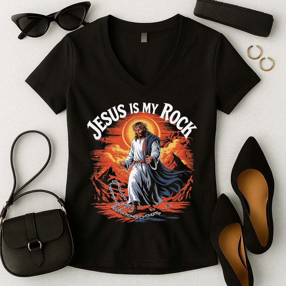 Jesus Is My Rock Biblical Christian Religious Biblical Women's V-Neck T-Shirt