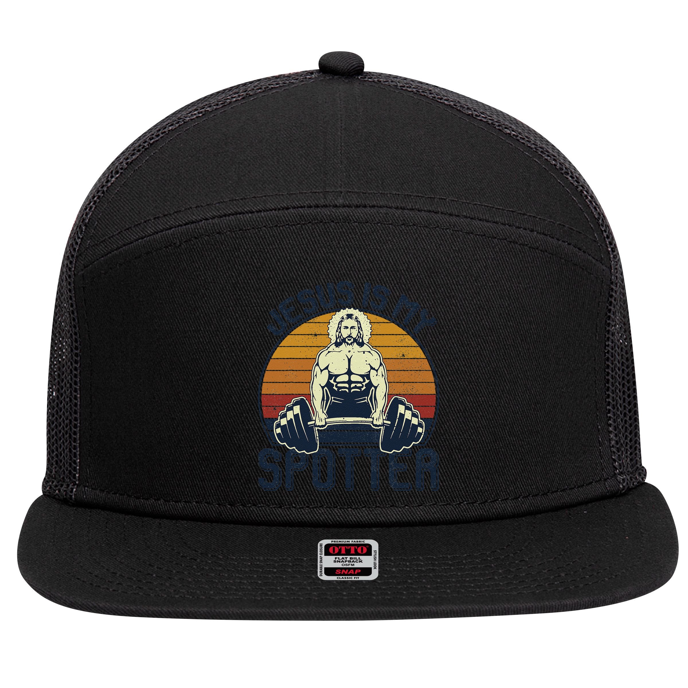 Jesus Is My Spotter Funny Christian Weightlifting Gym Gift 7 Panel Mesh Trucker Snapback Hat