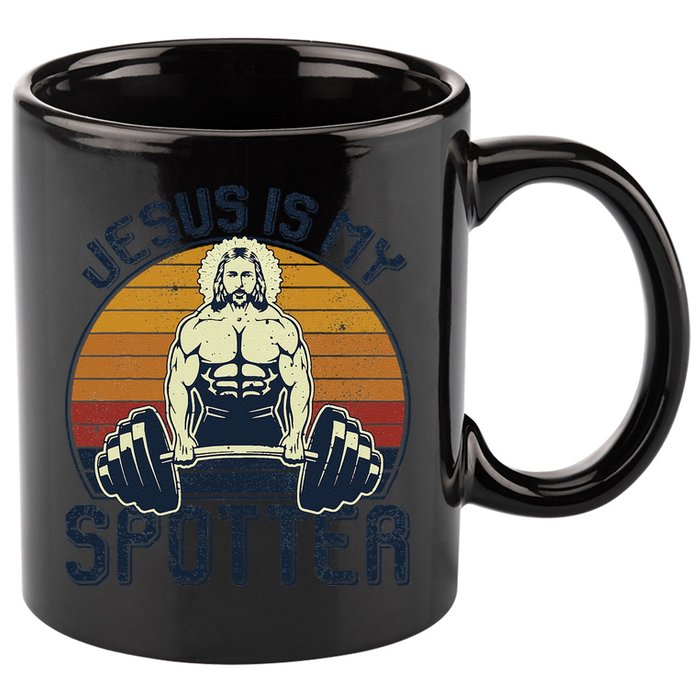 Jesus Is My Spotter Funny Christian Weightlifting Gym Gift 11oz C Handle Ceramic Mug