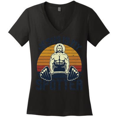 Jesus Is My Spotter Funny Christian Weightlifting Gym Gift Women's V-Neck T-Shirt
