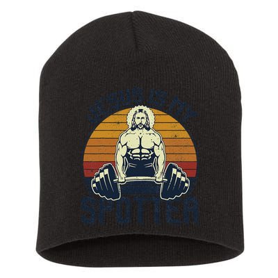 Jesus Is My Spotter Funny Christian Weightlifting Gym Gift Short Acrylic Beanie