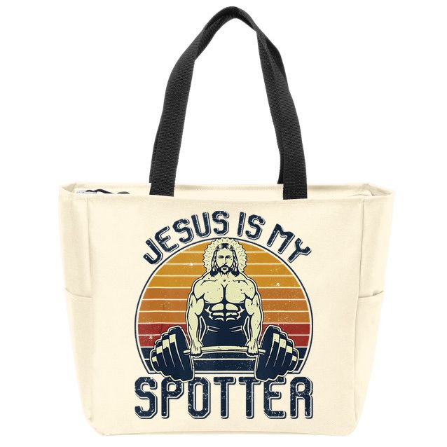 Jesus Is My Spotter Funny Christian Weightlifting Gym Zip Tote Bag