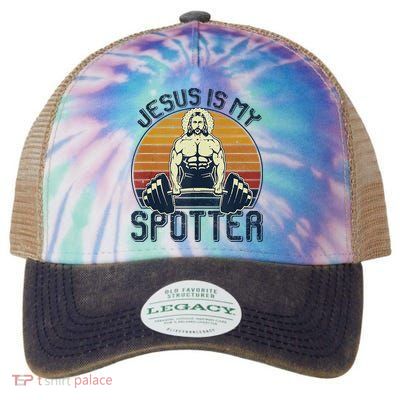 Jesus Is My Spotter Funny Christian Weightlifting Gym Legacy Tie Dye Trucker Hat