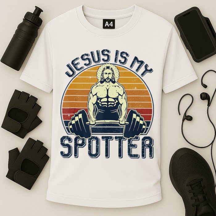 Jesus Is My Spotter Funny Christian Weightlifting Gym Cooling Performance Crew T-Shirt
