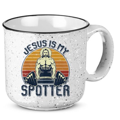 Jesus Is My Spotter Funny Christian Weightlifting Gym 15oz Campfire Ceramic Mug