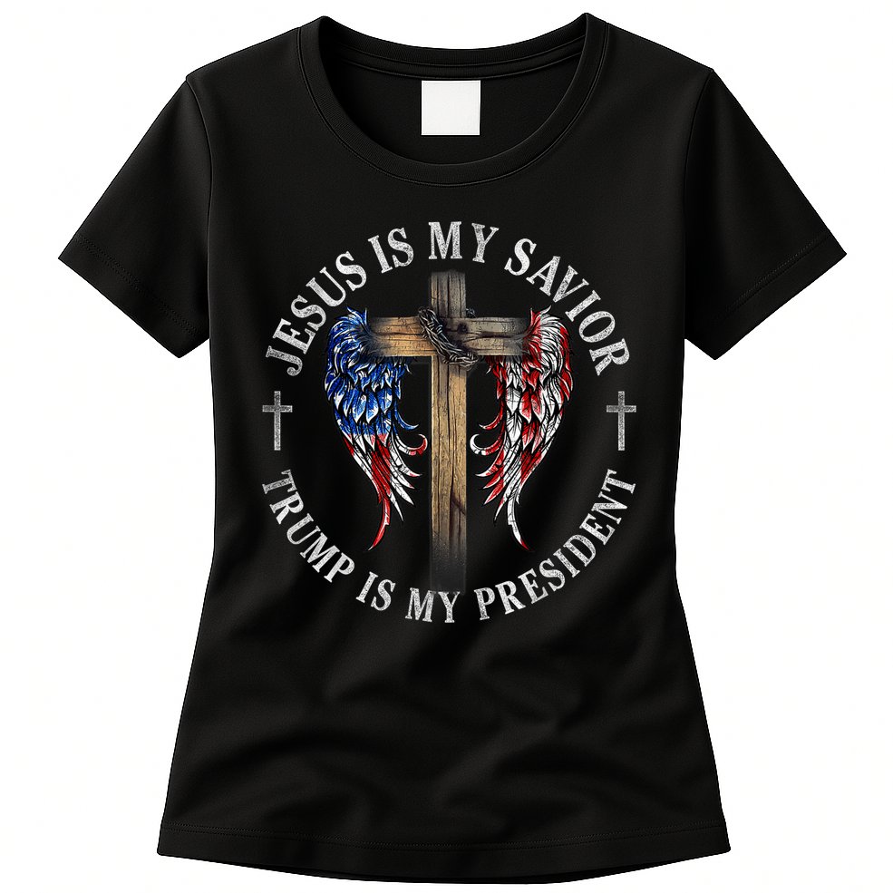 Jesus Is My Savior Trump Is My President 2024 Usa Flag Cross Womens T-Shirt