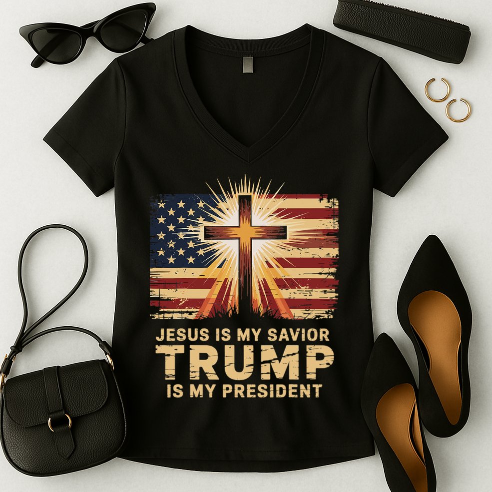 Jesus Is My Savior Trump Is My President Biblical Women's V-Neck T-Shirt