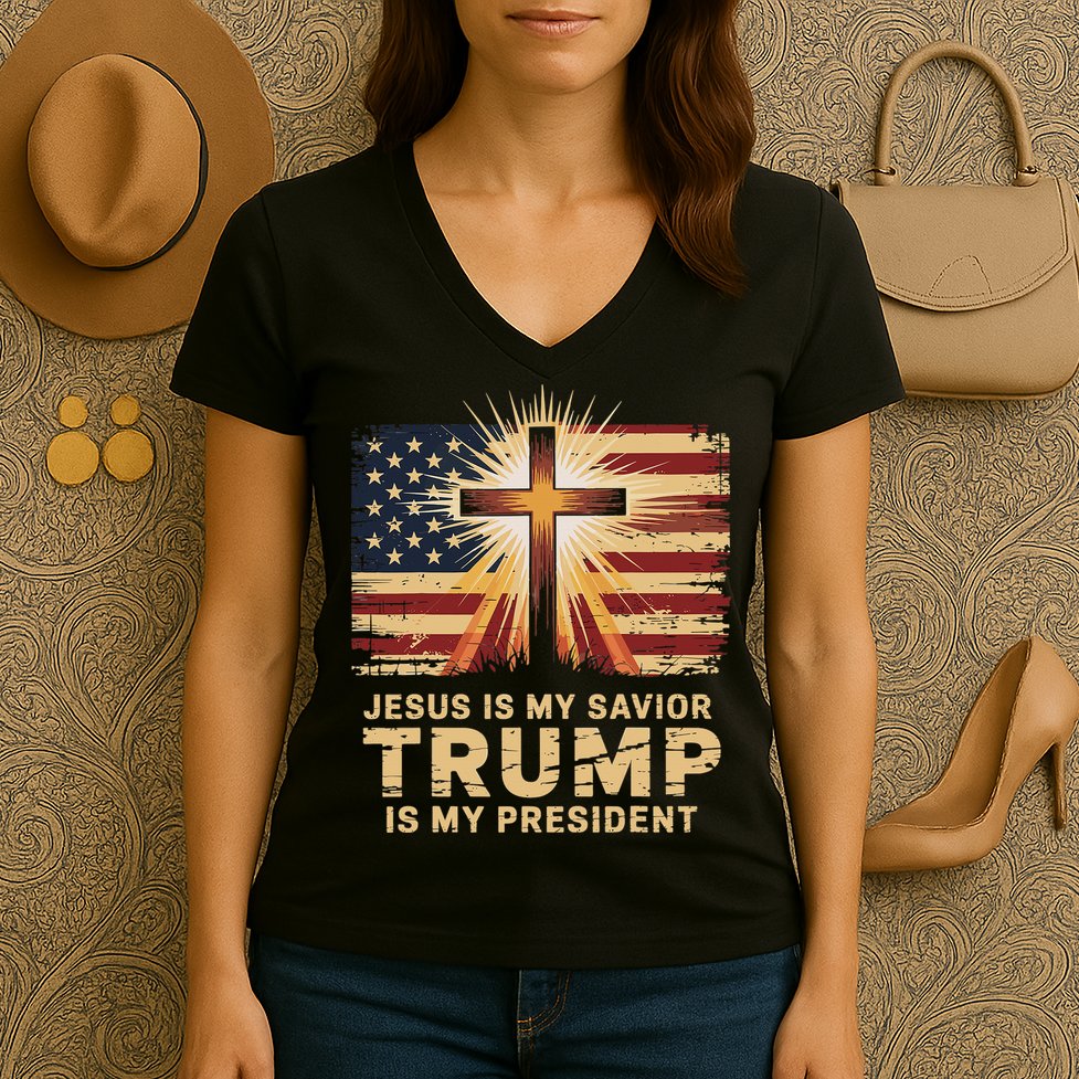 Jesus Is My Savior Trump Is My President Biblical Women's V-Neck T-Shirt