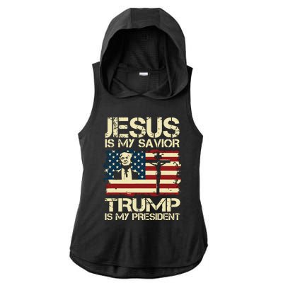 Jesus Is My Savior Trump Is My President Trump 2024 Usa Flag Ladies PosiCharge Tri-Blend Wicking Draft Hoodie Tank