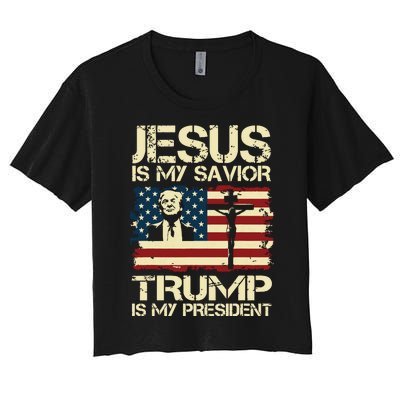 Jesus Is My Savior Trump Is My President Trump 2024 Usa Flag Women's Crop Top Tee