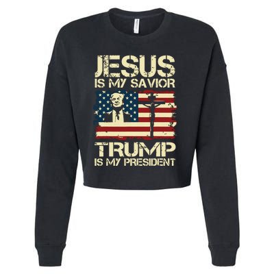 Jesus Is My Savior Trump Is My President Trump 2024 Usa Flag Cropped Pullover Crew