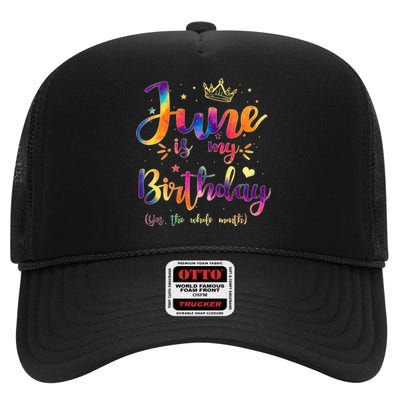 June Is My Birthday Gift Month Funny Tie Dye Watercolor High Crown Mesh Back Trucker Hat