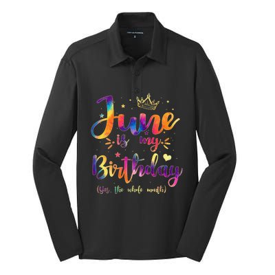 June Is My Birthday Gift Month Funny Tie Dye Watercolor Silk Touch Performance Long Sleeve Polo