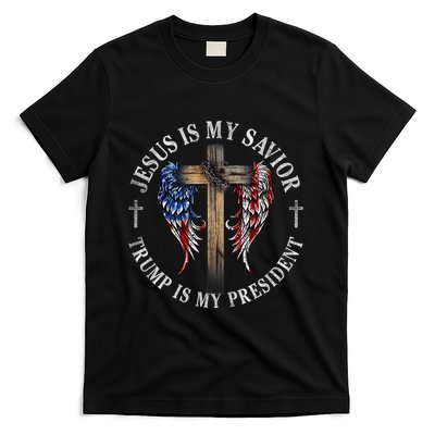 Jesus Is My Savior Trump Is My President 2024 Usa Flag Cross T-Shirt