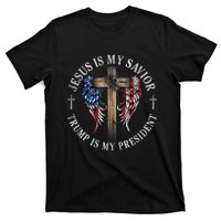 Jesus Is My Savior Trump Is My President 2024 Usa Flag Cross T-Shirt