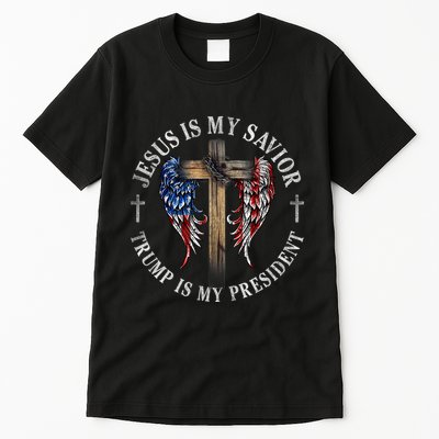 Jesus Is My Savior Trump Is My President 2024 Usa Flag Cross Tall T-Shirt