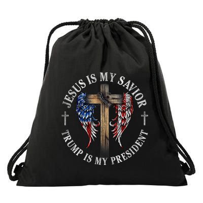 Jesus Is My Savior Trump Is My President 2024 Usa Flag Cross Drawstring Bag