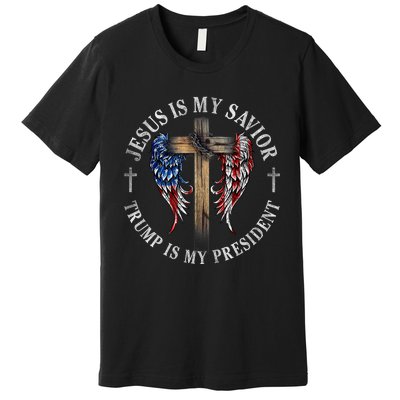 Jesus Is My Savior Trump Is My President 2024 Usa Flag Cross Premium T-Shirt