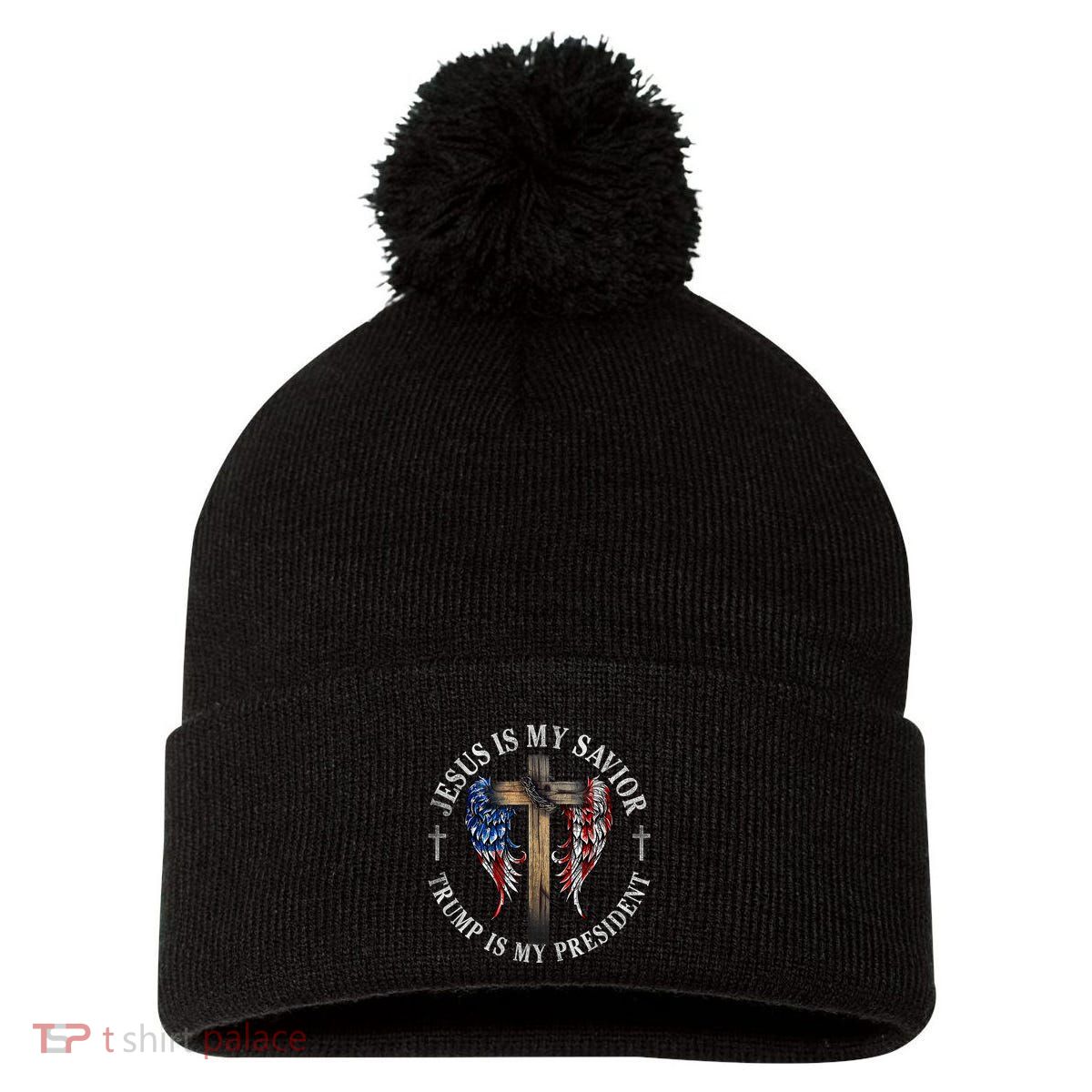 Jesus Is My Savior Trump Is My President 2024 Usa Flag Cross Pom Pom 12in Knit Beanie
