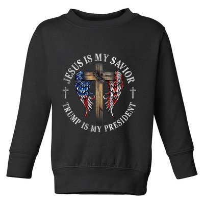 Jesus Is My Savior Trump Is My President 2024 Usa Flag Cross Toddler Sweatshirt