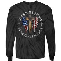 Jesus Is My Savior Trump Is My President 2024 Usa Flag Cross Tie-Dye Long Sleeve Shirt