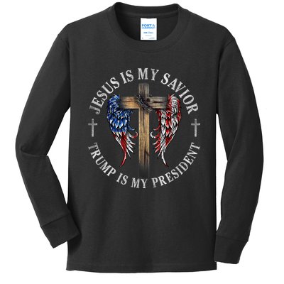 Jesus Is My Savior Trump Is My President 2024 Usa Flag Cross Kids Long Sleeve Shirt