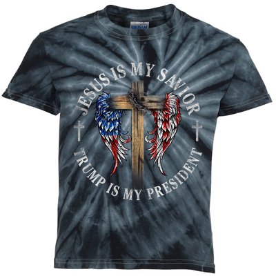 Jesus Is My Savior Trump Is My President 2024 Usa Flag Cross Kids Tie-Dye T-Shirt