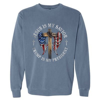 Jesus Is My Savior Trump Is My President 2024 Usa Flag Cross Garment-Dyed Sweatshirt