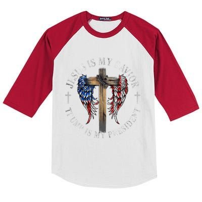 Jesus Is My Savior Trump Is My President 2024 Usa Flag Cross Kids Colorblock Raglan Jersey