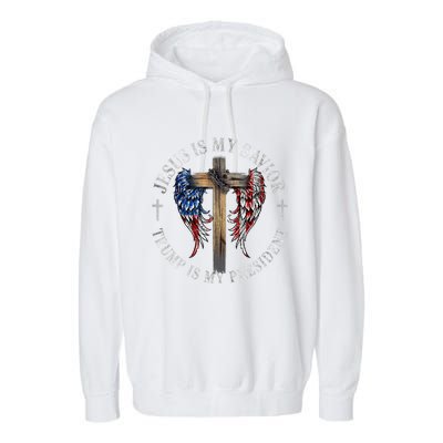 Jesus Is My Savior Trump Is My President 2024 Usa Flag Cross Garment-Dyed Fleece Hoodie